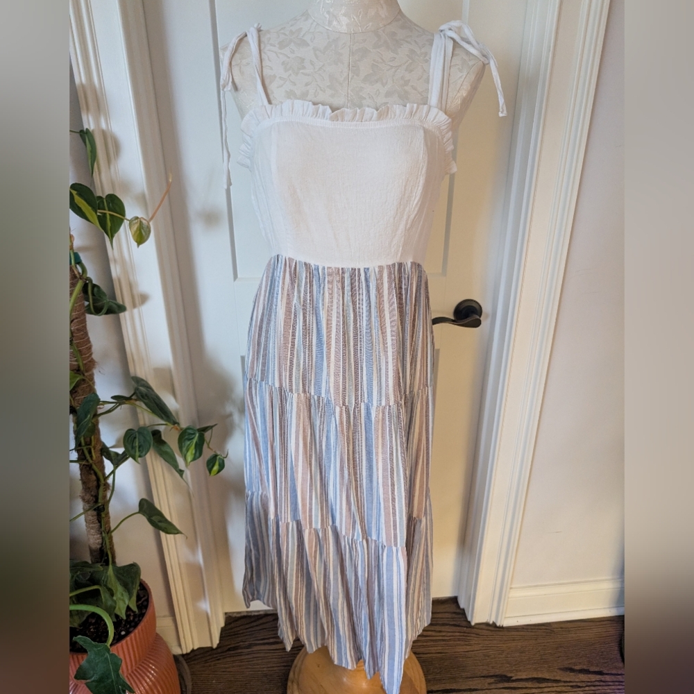 Chic White and Blue Striped Maxi Dress